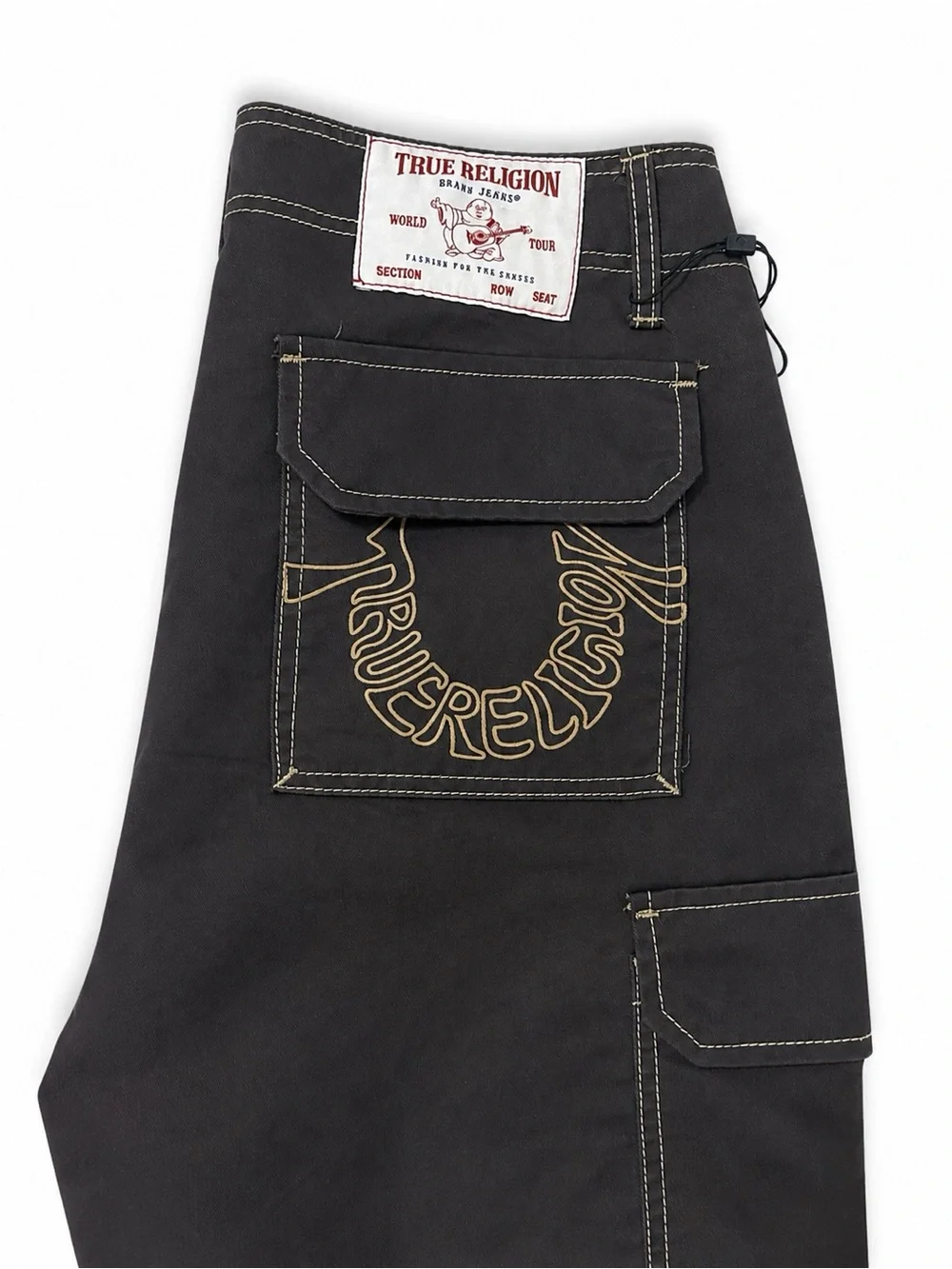 True Religion Olive Brown Cargo Shorts with Tan Stitching